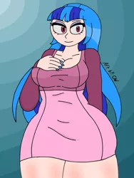 Size: 1932x2576 | Tagged: safe, artist:c_w, derpibooru import, sonata dusk, human, big breasts, breasts, busty sonata dusk, cleavage, clothes, dress, eyelashes, eyeshadow, hand behind back, hand on breasts, hand on chest, humanized, looking at you, makeup, nail polish, plump, smiling, smiling at you, thighs