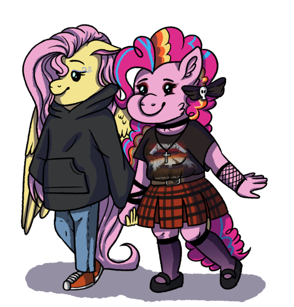 Size: 1912x2000 | Tagged: safe, artist:yonipony, derpibooru import, fluttershy, pinkie pie, anthro, earth pony, pegasus, plantigrade anthro, bow, choker, chubbie pie, chubby, chubbyshy, clothes, converse, cross, eyeshadow, female, fishnets, flutterpie, goth, gothic pinkie, hair bow, holding hands, hoodie, jeans, jewelry, lesbian, makeup, mary janes, master of puppets, metallica, necklace, pants, plaid skirt, shipping, shirt, shoes, simple background, skirt, sneakers, socks, stockings, thigh highs, transparent background, t-shirt