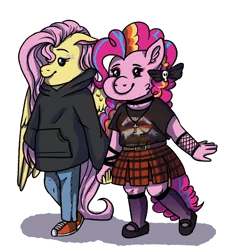 Size: 1912x2000 | Tagged: safe, artist:yonipony, derpibooru import, fluttershy, pinkie pie, anthro, earth pony, pegasus, plantigrade anthro, bow, choker, chubbie pie, chubby, chubbyshy, clothes, converse, cross, eyeshadow, female, fishnets, flutterpie, goth, gothic pinkie, hair bow, holding hands, hoodie, jeans, jewelry, lesbian, makeup, mary janes, master of puppets, metallica, necklace, pants, plaid skirt, shipping, shirt, shoes, simple background, skirt, sneakers, socks, stockings, thigh highs, transparent background, t-shirt