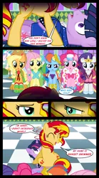 Size: 1280x2300 | Tagged: safe, artist:bigsnusnu, derpibooru import, applejack, fluttershy, pinkie pie, princess celestia, rainbow dash, rarity, sunset shimmer, twilight sparkle, alicorn, earth pony, pegasus, pony, unicorn, comic:dusk shine in pursuit of happiness, angry, both cutie marks, clothes, donut, dress, dusk shine, female, food, gala dress, harem, male, mare, rule 63, shocked, shocked expression, stallion