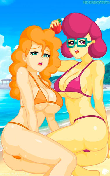 Size: 1448x2304 | Tagged: suggestive, artist:aboimages03, derpibooru import, pear butter, posey shy, equestria girls, absolute cleavage, apple, ass, beach, big breasts, bikini, boobs and butt pose, breasts, busty pear butter, busty posey shy, butt, cleavage, clothes, duo, duo female, equestria girls-ified, escher girls triple crown, female, food, glasses, milf, mothers, open mouth, pear butt, sexy, summer, swimsuit, water