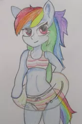 Size: 2545x3855 | Tagged: anthro, arm hooves, artist:star lily, clothes, derpibooru import, diaper, diaper fetish, fetish, inner tube, rainbow dash, safe, semi-anthro, solo, swimsuit, traditional art