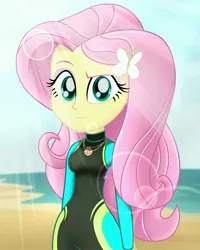 Size: 2000x2500 | Tagged: safe, artist:aryatheeditor, derpibooru import, fluttershy, equestria girls, equestria girls series, adorasexy, beach, beautiful, beautisexy, clothes, cute, determined, digital art, female, geode of fauna, hairpin, jewelry, looking at you, magical geodes, outfit, pendant, photo, sexy, solo, swimsuit, wetsuit