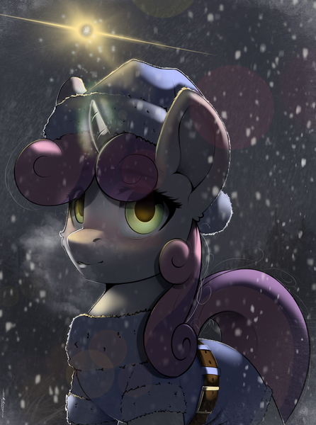 Size: 2390x3214 | Tagged: safe, artist:skitsniga, derpibooru import, sweetie belle, pony, unicorn, belt, cheek fluff, clothes, coat, ear fluff, eye clipping through hair, female, hat, lens flare, looking at you, snow, snowfall, solo, winter, winter outfit