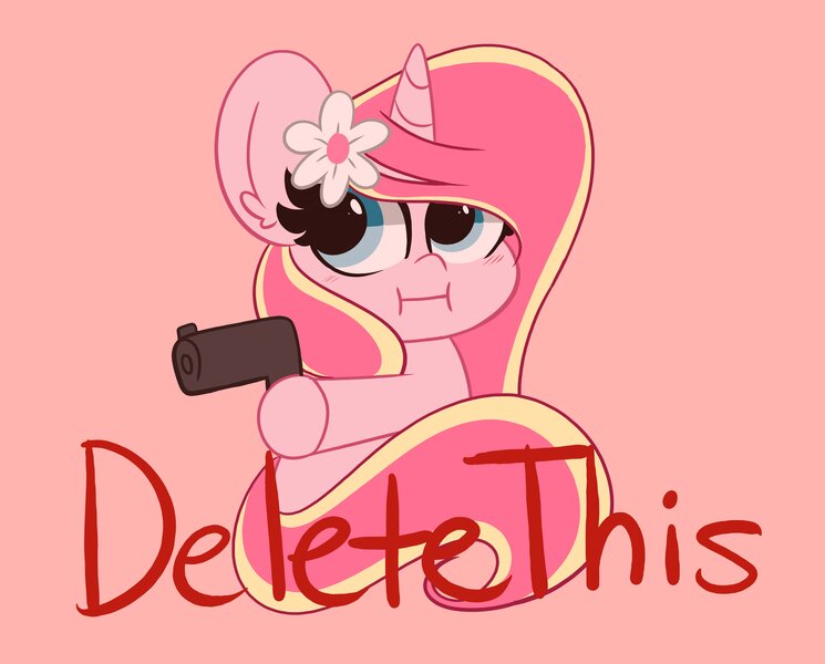 Size: 4096x3297 | Tagged: safe, artist:kittyrosie, derpibooru import, oc, oc:rosa flame, unofficial characters only, pony, unicorn, :i, blushing, delet this, female, flower, flower in hair, gun, mare, simple background, solo, weapon