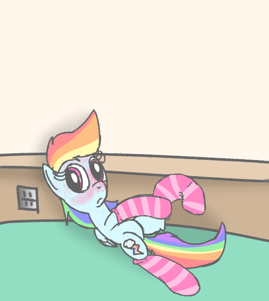 Size: 682x762 | Tagged: safe, artist:mr-degration, derpibooru import, rainbow dash, pegasus, pony, blushing, clothes, female, lying down, on back, socks, solo