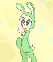 Size: 869x1024 | Tagged: safe, artist:mr-degration, derpibooru import, fluttershy, pegasus, pony, rabbit, :p, abstract background, animal, animal costume, bipedal, bunny costume, clothes, costume, cute, female, shyabetes, solo, tongue out