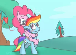 Size: 1024x747 | Tagged: safe, artist:mr-degration, derpibooru import, pinkie pie, rainbow dash, earth pony, pegasus, pony, biting, blushing, cute, ear bite, female, floating heart, heart, lesbian, pinkie pie riding rainbow dash, pinkiedash, ponies riding ponies, riding, shipping, smiling