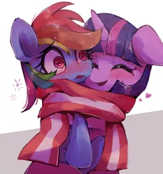 Size: 1558x1674 | Tagged: safe, artist:lexiedraw, derpibooru import, manebooru import, rainbow dash, twilight sparkle, alicorn, pegasus, pony, g4, blushing, clothes, cute, duo, eyes closed, female, floating heart, flustered, heart, hug, image, lesbian, mare, open mouth, png, scarf, shared clothing, shared scarf, shipping, simple background, smiling, swirly eyes, twidash