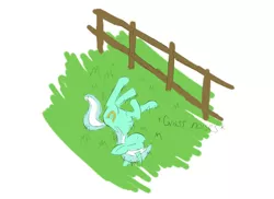 Size: 2200x1600 | Tagged: safe, artist:sufficient, derpibooru import, lyra heartstrings, pony, unicorn, cute, fence, grass, happy, horses doing horse things, lying down, rolling, simple background, solo, white background