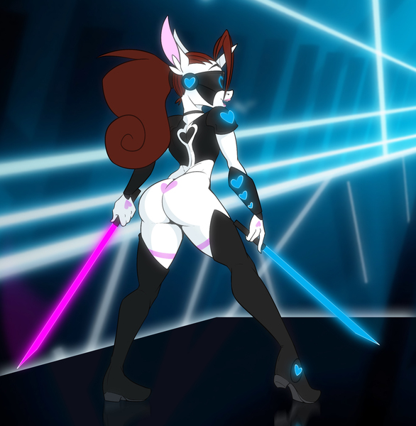 Size: 1823x1867 | Tagged: suggestive, artist:lil miss jay, derpibooru import, oc, oc:phony tail, unofficial characters only, anthro, unicorn, ass, beat saber, boots, butt, clothes, dual wield, femboy, lightsaber, lipstick, male, shoes, socks, solo, star wars, thigh boots, thigh highs, trap, visor, weapon