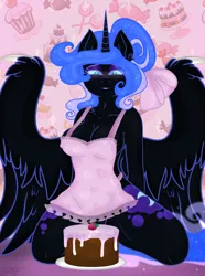 Size: 1236x1661 | Tagged: suggestive, artist:synthsparkle, derpibooru import, nightmare moon, alicorn, anthro, adorasexy, apron, bolo, breasts, busty nightmare moon, cake, clothes, cute, food, moonabetes, nicemare moon, sexy, strategically covered