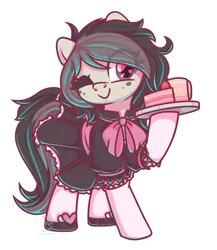 Size: 2150x2480 | Tagged: safe, artist:musicfirewind, derpibooru import, oc, oc:polka dot, unofficial characters only, earth pony, pony, bow, cake, clothes, commission, cute, dress, earth pony oc, female, food, freckles, heart, heart eyes, maid, mare, ocbetes, one eye closed, raised hoof, shoes, simple background, smiling, socks, solo, transparent background, wingding eyes, wink, ych result