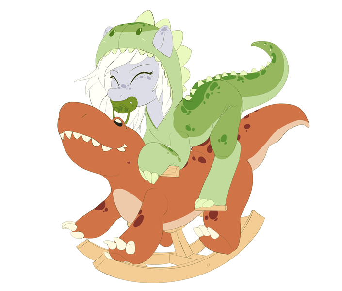 Size: 4030x3430 | Tagged: safe, artist:edrian, derpibooru import, oc, oc:fossil fluster, dinosaur, pony, adult foal, clothes, costume, diaper, diaper fetish, dinosaur costume, eyes closed, female, fetish, filly, kigurumi, pacifier, rocking horse, simple background, smiling, solo