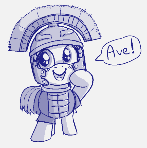 Size: 625x629 | Tagged: safe, artist:heretichesh, derpibooru import, earth pony, pony, armor, centurion, dialogue, female, filly, helmet, monochrome, roman, salute, sketch, soldier, solo, text