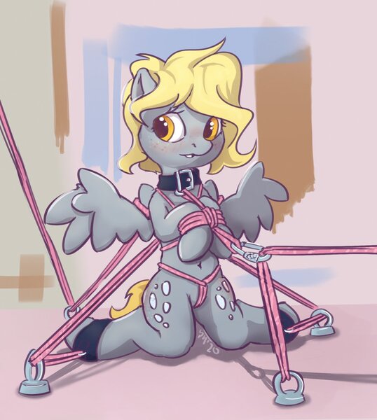 Size: 896x1000 | Tagged: suggestive, artist:drafthoof, derpibooru import, derpy hooves, pegasus, pony, ankle cuffs, belly button, bipedal, blushing, bondage, both cutie marks, bound wings, bound wrists, collar, crotch rope, cuffs, female, rope, rope bondage, shibari, simple background, solo, solo female, spread legs, spread wings, spreading, wings