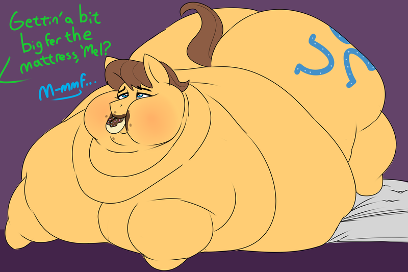 Size: 3000x2000 | Tagged: questionable, artist:coatieyay, derpibooru import, big macintosh, caramel, earth pony, pony, belly, belly bed, bhm, big belly, bingo wings, blushing, caramac, chubby cheeks, donut, double chin, fat, feedee, food, gay, huge belly, implied big macintosh, implied caramac, impossibly large belly, male, morbidly obese, muffled words, neck roll, obese, offscreen character, rolls of fat, shipping