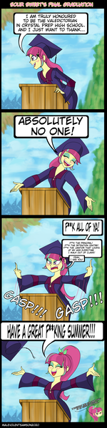 Size: 3000x12000 | Tagged: suggestive, artist:malevolentsamson, derpibooru import, sour sweet, equestria girls, angry, censored dialogue, comic, double deuce, eyes closed, fuck you, graduation, graduation cap, harley quinn (2019), hat, middle finger, smiling, sour sweet being sour sweet, speech, swearing, talking, vulgar