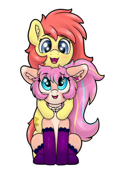 Size: 4000x6000 | Tagged: safe, artist:yelowcrom, derpibooru import, oc, oc:bijou butterfly, oc:brushie, unofficial characters only, earth pony, pony, derpibooru community collaboration, 2021 community collab, :3, blushing, clothes, cute, female, looking at each other, mare, owo, simple background, socks, transparent background