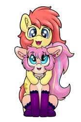 Size: 4000x6000 | Tagged: safe, artist:yelowcrom, derpibooru import, oc, oc:bijou butterfly, oc:brushie, unofficial characters only, earth pony, pony, derpibooru community collaboration, 2021 community collab, :3, blushing, clothes, cute, female, looking at each other, mare, owo, simple background, socks, transparent background