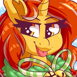 Size: 2000x2000 | Tagged: safe, artist:graphene, derpibooru import, oc, oc:cinderheart, unofficial characters only, pony, unicorn, bells, bow, bust, cute, eyelashes, female, holiday, looking at you, mare, portrait, profile picture, snow, solo, tongue out, wreath