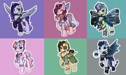 Size: 2500x1500 | Tagged: safe, artist:caveburrito, derpibooru import, oc, unofficial characters only, bat pony, pegasus, pony, unicorn, bat pony oc, bat wings, bow, butterfly wings, clothes, eye scar, eyepatch, eyes closed, fangs, hair bow, horn, open mouth, pegasus oc, raised hoof, scar, smiling, tail wrap, unicorn oc, wings