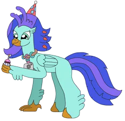 Size: 2470x2388 | Tagged: safe, artist:supahdonarudo, derpibooru import, oc, oc:sea lilly, unofficial characters only, classical hippogriff, hippogriff, birthday, camera, candle, cupcake, food, happy, hat, holding, jewelry, necklace, party hat, simple background, transparent background