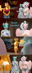 Size: 1920x4320 | Tagged: suggestive, artist:papadragon69, derpibooru import, ocellus, silverstream, smolder, anthro, changedling, changeling, classical hippogriff, dragon, hippogriff, 3d, belly button, bra, breasts, clothes, comic, dragoness, dress, female, females only, garter belt, grammar error, lingerie, panties, sfm pony, socks, source filmmaker, stockings, thigh highs, underwear, undressing, white underwear