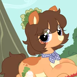 Size: 2200x2200 | Tagged: safe, artist:angelbeat-drift, derpibooru import, oc, oc:maisy, unofficial characters only, earth pony, pony, ascot, colored pinnae, eye clipping through hair, female, fetlock tuft, grass, leaf, looking at you, mare, markings, pale belly, smiling, smiling at you, solo, tree, vector
