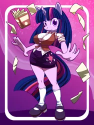 Size: 900x1200 | Tagged: safe, artist:kojiro-brushard, artist:thatamystalker, banned from derpibooru, deleted from derpibooru, derpibooru import, twilight sparkle, anthro, belly button, book, breasts, busty twilight sparkle, clothes, female, image, jpeg, mary janes, miniskirt, shoes, side slit, skirt, socks, solo, thighs, tube skirt
