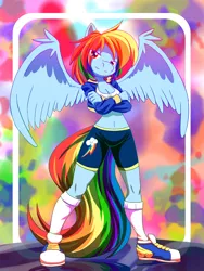 Size: 900x1200 | Tagged: safe, artist:kojiro-brushard, artist:thatamystalker, banned from derpibooru, deleted from derpibooru, derpibooru import, rainbow dash, anthro, plantigrade anthro, belly button, breasts, cleavage, clothes, compression shorts, converse, female, image, jpeg, looking at you, midriff, shoes, solo, top, winged shoes