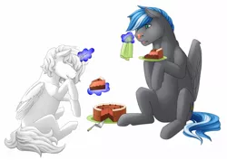 Size: 1280x908 | Tagged: alicorn, alicorn oc, artist:imreer, cake, derpibooru import, duo, eyes closed, food, fork, glowing horn, horn, magic, napkin, oc, oc:cloud zapper, pegasus, pegasus oc, plate, safe, simple background, sitting, smiling, telekinesis, unofficial characters only, white background, wings