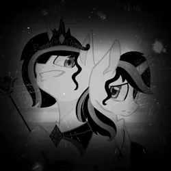 Size: 906x906 | Tagged: safe, artist:rxndxm.artist, derpibooru import, oc, oc:shooting star, unofficial characters only, pony, unicorn, bust, crown, duo, grin, jewelry, regalia, scepter, smiling