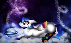 Size: 1080x660 | Tagged: safe, artist:rxndxm.artist, derpibooru import, oc, unofficial characters only, pegasus, pony, colored hooves, pegasus oc, pony bigger than a planet, solo, space, starry eyes, stars, wingding eyes, wings