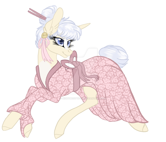 Size: 1280x1095 | Tagged: safe, artist:nightbootypaw, derpibooru import, oc, pony, unicorn, clothes, female, kimono (clothing), lying down, mare, prone, simple background, solo, transparent background