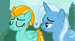 Size: 1012x562 | Tagged: safe, artist:jadethepegasus, artist:tech-kitten, derpibooru import, lightning dust, trixie, pegasus, pony, unicorn, base used, bedroom eyes, bush, eyes closed, female, grin, lesbian, mare, shipping, smiling, tree, trixiedust