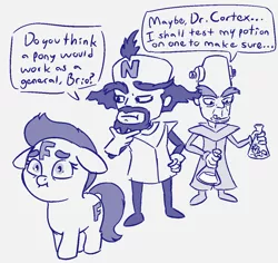 Size: 1106x1043 | Tagged: safe, artist:heretichesh, derpibooru import, oc, oc:f.illy, earth pony, human, pony, clothes, crash bandicoot, crossover, dialogue, doctor neo cortex, female, filly, gloves, mad scientist, monochrome, n brio, potion, rubber gloves, scared, sketch, text, vial