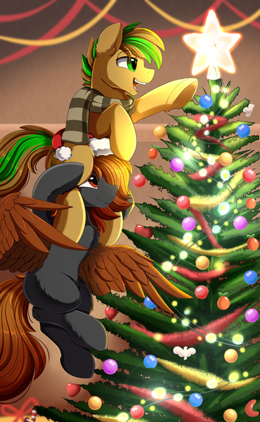 Size: 2559x4150 | Tagged: safe, artist:pridark, derpibooru import, oc, oc:baysick, oc:spirikon, unofficial characters only, earth pony, pegasus, pony, absurd resolution, christmas, christmas tree, clothes, commission, duo, flying, holiday, open mouth, scarf, tree, wings