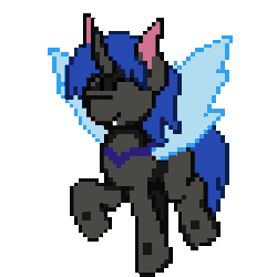 Size: 256x256 | Tagged: safe, artist:bitassembly, derpibooru import, part of a set, oc, oc:swift dawn, unofficial characters only, changeling, pony, ^^, animated, blue changeling, changeling oc, commission, cute, cuteling, excited, eyes closed, fangs, gif, happy, horn, male, pixel art, simple background, smiling, solo, stallion, tippy taps, transparent background, trotting, trotting in place, wing flap, wings, ych result