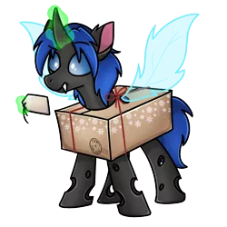 Size: 1240x1240 | Tagged: safe, artist:sugar morning, derpibooru import, oc, oc:swift dawn, unofficial characters only, changeling, blue changeling, changeling in a box, changeling oc, christmas changeling, clothes, commission, confused, costume, cute, eyebrows visible through hair, fangs, magic, magic aura, male, package, present, simple background, transparent background