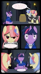 Size: 1280x2300 | Tagged: artist:bigsnusnu, bag, clothes, comic:dusk shine in pursuit of happiness, derpibooru import, dungeon, dusk shine, interrogation, maid, money, oc, oc:sweet caramel, oc:sweet creme, rule 63, safe, torch, twilight sparkle