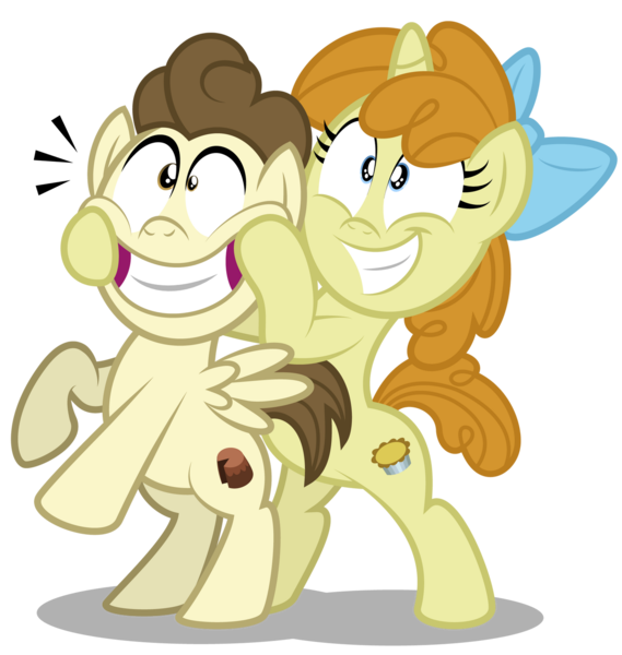 Size: 1280x1350 | Tagged: safe, artist:aleximusprime, derpibooru import, carrot cake, cup cake, pound cake, pumpkin cake, pegasus, pony, unicorn, flurry heart's story, big smile, bipedal, bow, brother and sister, cake twins, colt, female, filly, forced smile, grin, male, older, older pound cake, older pumpkin cake, pumpkin, siblings, simple background, smiling, the cakes, transparent background, twins, vector