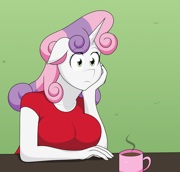 Size: 2048x1961 | Tagged: safe, artist:matchstickman, derpibooru import, sweetie belle, anthro, unicorn, ponyville confidential, big breasts, breasts, busty sweetie belle, clothes, coffee mug, exploitable meme, female, floppy ears, image, image macro, meme, mug, obligatory pony, older, older sweetie belle, outdoors, png, scene interpretation, shirt, solo, sudden clarity older sweetie belle, sudden clarity sweetie belle