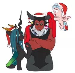 Size: 4293x4178 | Tagged: safe, artist:chub-wub, derpibooru import, cozy glow, lord tirek, queen chrysalis, centaur, changeling, changeling queen, pegasus, pony, absurd resolution, blushing, bow, candy, candy cane, christmas, cozybetes, crossed arms, cute, cutealis, female, filly, food, hat, holiday, legion of doom, male, open mouth, ornament, santa hat, simple background, stars, tail bow, tirebetes, tirek is not amused, white background