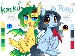 Size: 4000x3000 | Tagged: safe, artist:kaikururu, derpibooru import, oc, oc:kaiku, oc:ruru, unofficial characters only, bat pony, pegasus, pony, bat pony oc, bat wings, digital art, duo, fangs, female, hooves, looking at you, mare, mismatched wings, reference sheet, tail, text, wings