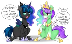 Size: 4900x3000 | Tagged: safe, artist:kaikururu, derpibooru import, oc, oc:crescent star, oc:raeonn, unofficial characters only, changeling, crystal pony, pony, unicorn, changeling oc, clothes, costume, crystal unicorn, digital art, duo, fake horn, fake wings, glasses, halloween, halloween costume, holes, holiday, hooves, male, simple background, sitting, speech bubble, stallion, tail, text, transparent background