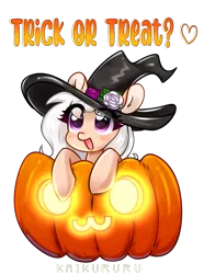 Size: 1967x2639 | Tagged: safe, artist:kaikururu, derpibooru import, oc, oc:white rose, unofficial characters only, earth pony, pony, clothes, commission, costume, digital art, female, halloween, halloween costume, hat, holiday, hooves, jack-o-lantern, mare, pumpkin, simple background, solo, text, transparent background, witch hat