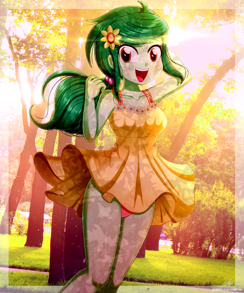 Size: 1420x1700 | Tagged: suggestive, artist:the-butch-x, derpibooru import, wallflower blush, equestria girls, alternate hairstyle, arm behind head, based on art, beautiful, breasts, clothes, cute, dappled sunlight, dress, dress lift, female, flower, flower in hair, flowerbetes, freckles, inspired by another artist, legs, looking at you, open mouth, orange underwear, panties, park, real life background, sexy, skirt, skirt lift, sleeveless, smiling, smiling at you, solo, solo female, stupid sexy wallflower blush, sundress, thighs, tree, underwear, upskirt