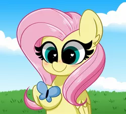 Size: 2139x1921 | Tagged: safe, artist:kittyrosie, derpibooru import, fluttershy, butterfly, insect, pegasus, pony, blushing, cloud, cute, female, grass, happy, heart eyes, mare, shyabetes, smiling, solo, wingding eyes