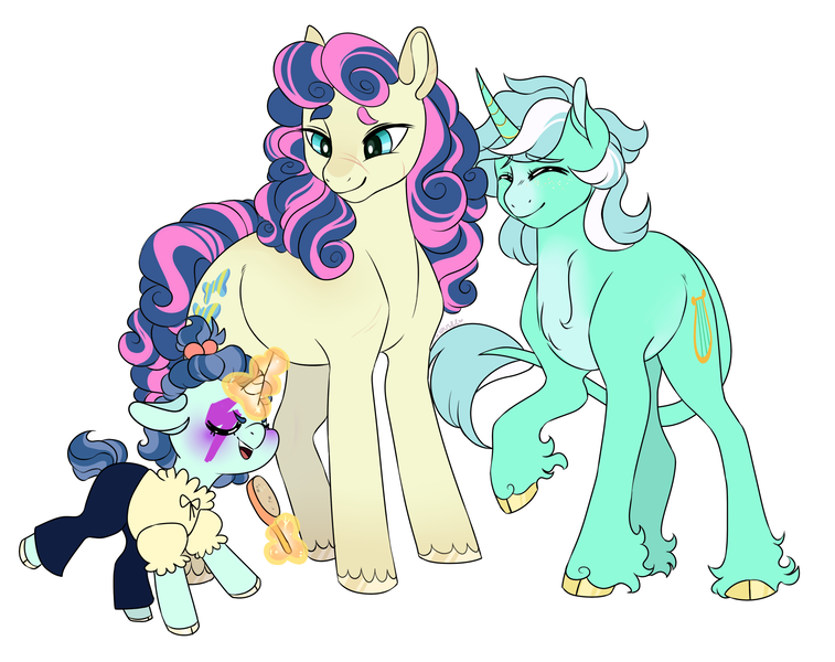 Size: 2109x1672 | Tagged: safe, artist:iouise, derpibooru import, bon bon, lyra heartstrings, sweetie drops, oc, oc:lullaby, classical unicorn, earth pony, pony, unicorn, brush, clothes, cloven hooves, cute, eyes closed, family, female, filly, floppy ears, glowing horn, hairbrush, horn, leonine tail, lesbian, levitation, lyrabon, magic, magical lesbian spawn, makeup, mare, mother and child, mother and daughter, offspring, pants, parent:bon bon, parent:lyra heartstrings, parents:lyrabon, shipping, shirt, simple background, telekinesis, unshorn fetlocks, white background